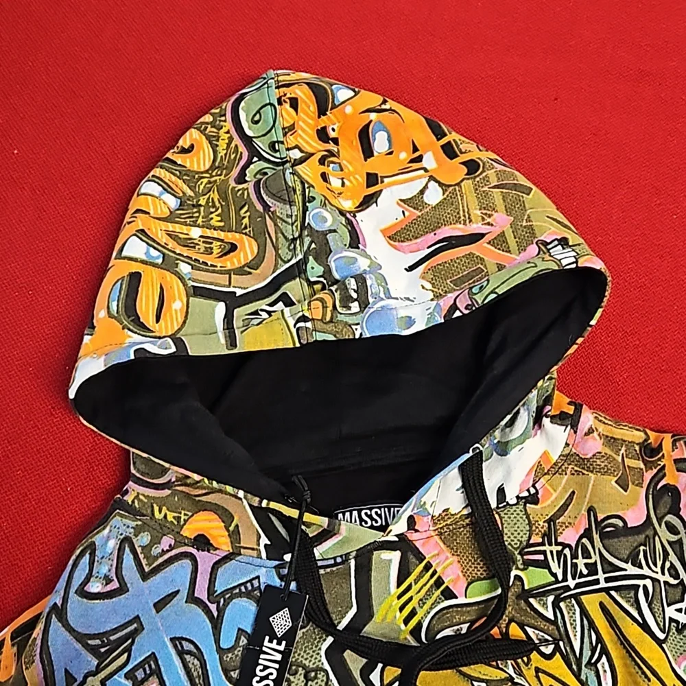 MASSIVE Y2K Abstract graffiti print hoodie kangaroo pocket NWT UNISEX vibrant - Picture 2 of 8